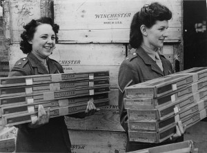 British Auxiliary Territorial Service (ATS) women unload armfuls of Winchester rifles newly arrived from the USA under the Lend-Lease Agreement, 1941 [Public domain, wikimedia]