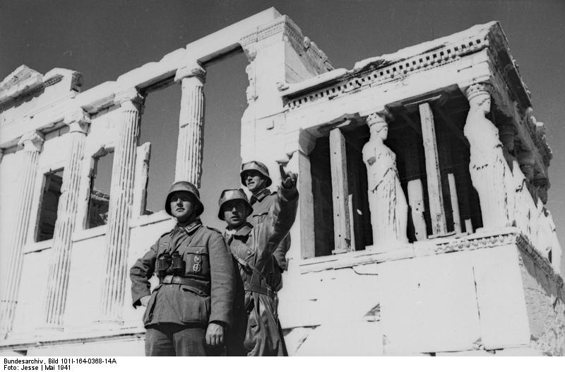 German soldiers look out from the Temple of Erichthonius, atop the Acropolis, Athens 1941 [Bundesarchiv, wiki]