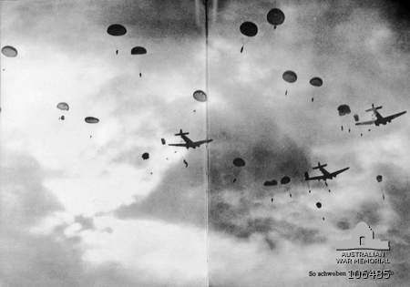 German paratroopers descend on Crete from their Junkers transport planes [Public domain, Australian War Memorial]