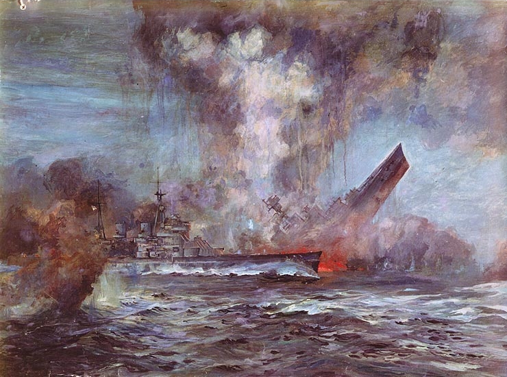 Sinking of HMS Hood, 24 May 1941; painting by J.C. Schmitz-Westerholt [Public domain, wiki]