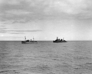 German blockade runner Odenwald (left) and United States cruiser USS Omaha, South Atlantic, November 1941 [Public domain, wiki]