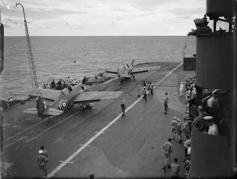 A Grumman Martlet fighter about to be catapulted from the flight deck of HMS Formidable, Indian Ocean, April 1942 [Public domain, wiki]