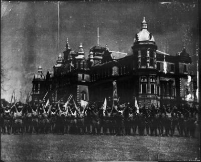 Victorious Japanese soldiers in front of Government House, Rangoon, March 1942 [Public domain, wiki]