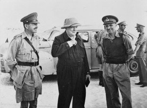 Montgomery (right) with General Alexander and Winston Churchill, Western Desert, August 1942 [Public domain, wiki]