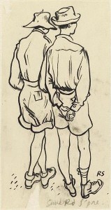 Sketch by Ronald Searle: Two British prisoners in shirts, shorts and bush hats, Sime Road Camp, Singapore, 1 January 1944 [Public domain]