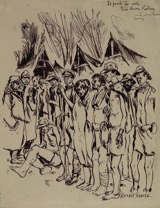 Sketch by Ronald Searle: Guards select from sick and starving British prisoners those considered suitable for heavy labour; Konyu camp, Thailand [Public domain]