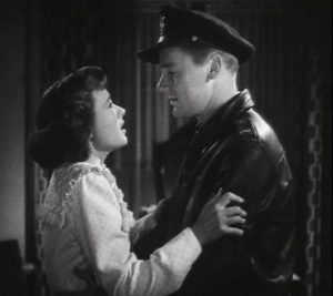 Ellen Lawson (Phyllis Thaxter), wife of flier Ted Lawson (Van Johnson) say goodbye before he ships out to take part in the Doolittle mission in the movie Thirty Seconds Over Tokyo [Public domain]