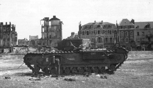 Knocked-out Churchill tank on the beach at Dieppe, France, 19 August 1942 [Public domain, wiki]