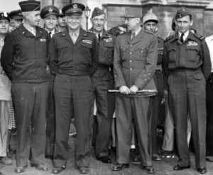 Front row: Generals Omar Bradley, Dwight D. Eisenhower, & Marie-Pierre Koenig, plus Air Marshal Arthur Tedder, taken after D-Day [Public domain]